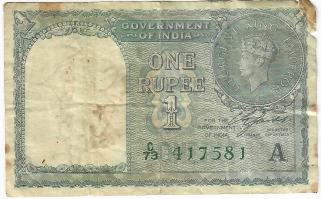 India 1 Rupee 1940 (1944) VG 