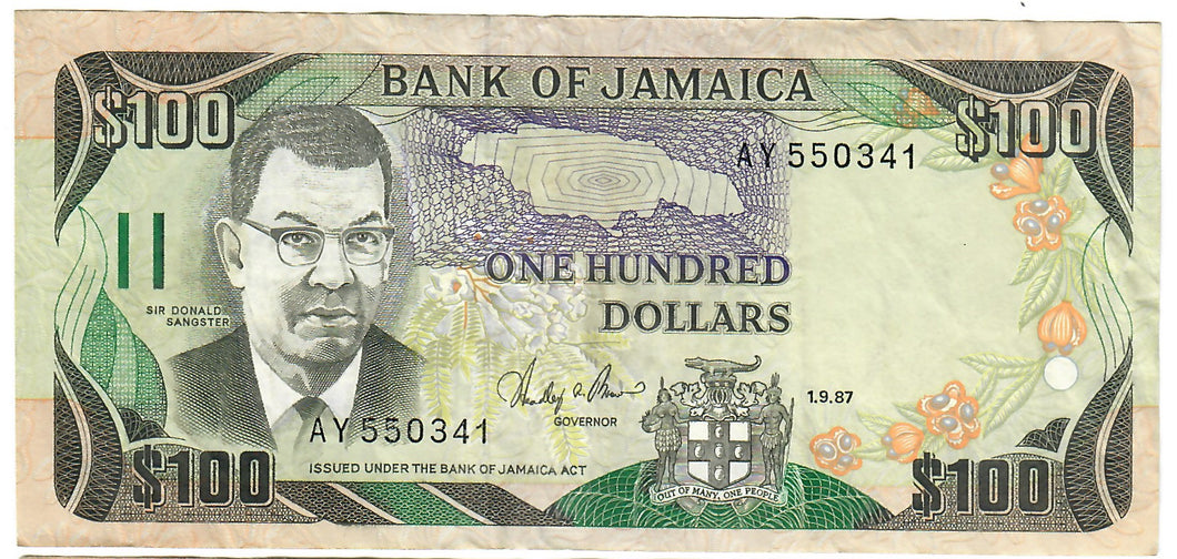 Jamaica 100 Dollars 1987 VF 
