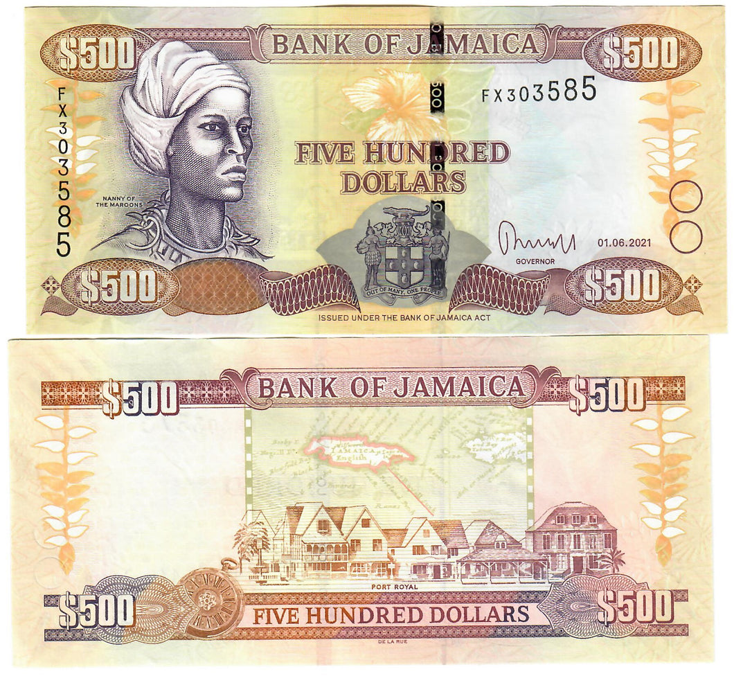 Jamaica 500 Dollars 2021 aUNC 