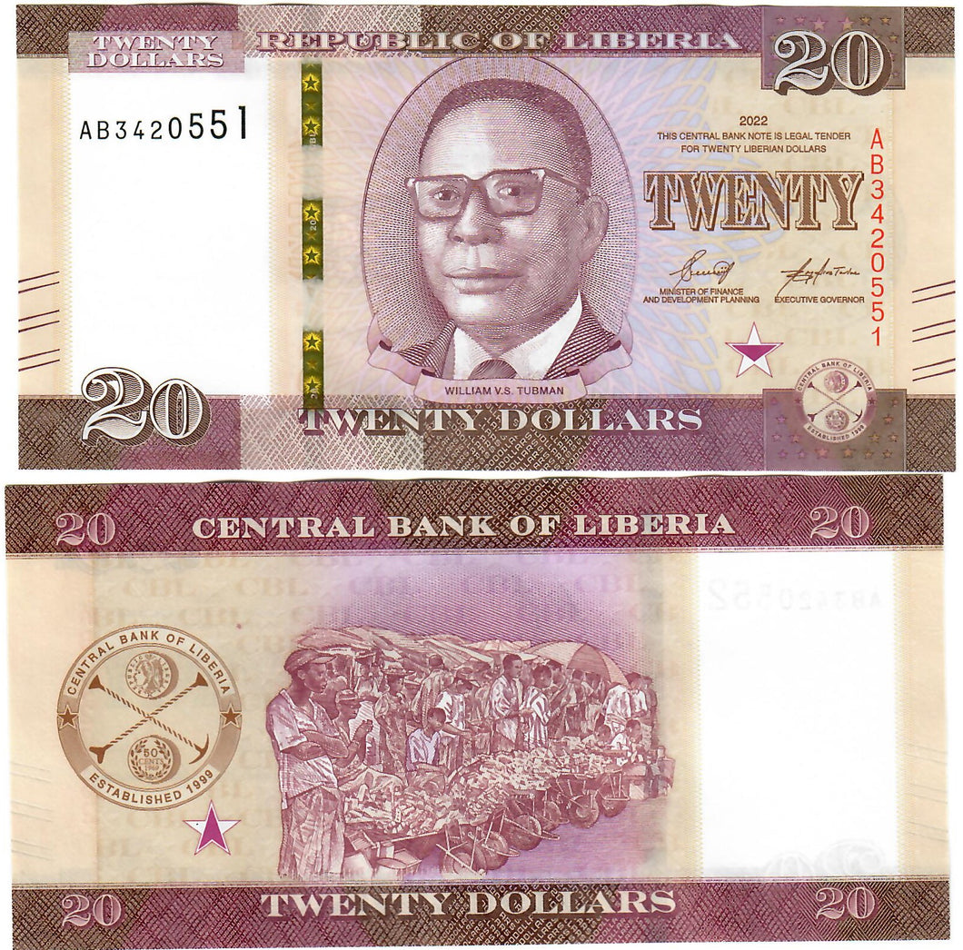 Liberia 20 Dollars 2022 UNC