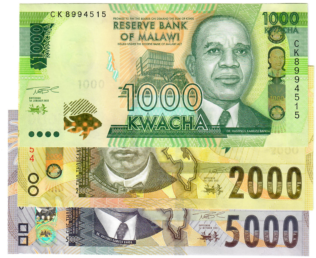 SET Malawi 1000, 2000 & 5000 Kwacha 2021 (2022) UNC