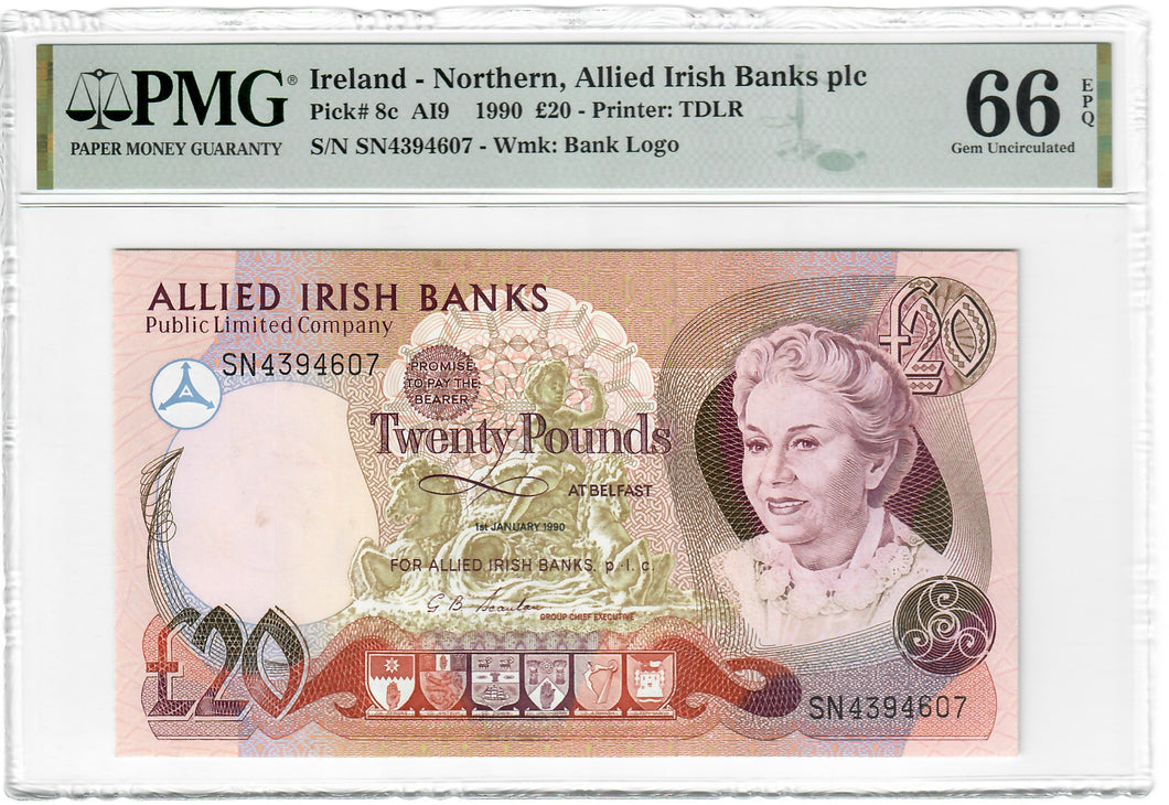 Northern Ireland 20 Pounds 1990 GEM UNC (Graded 66 EPQ) Allied Irish Banks AIB