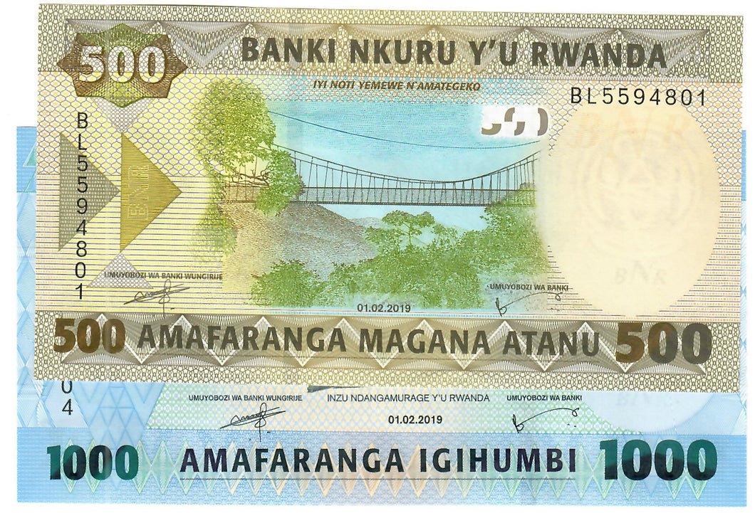 SET Rwanda 500 & 1000 Francs 2019 UNC