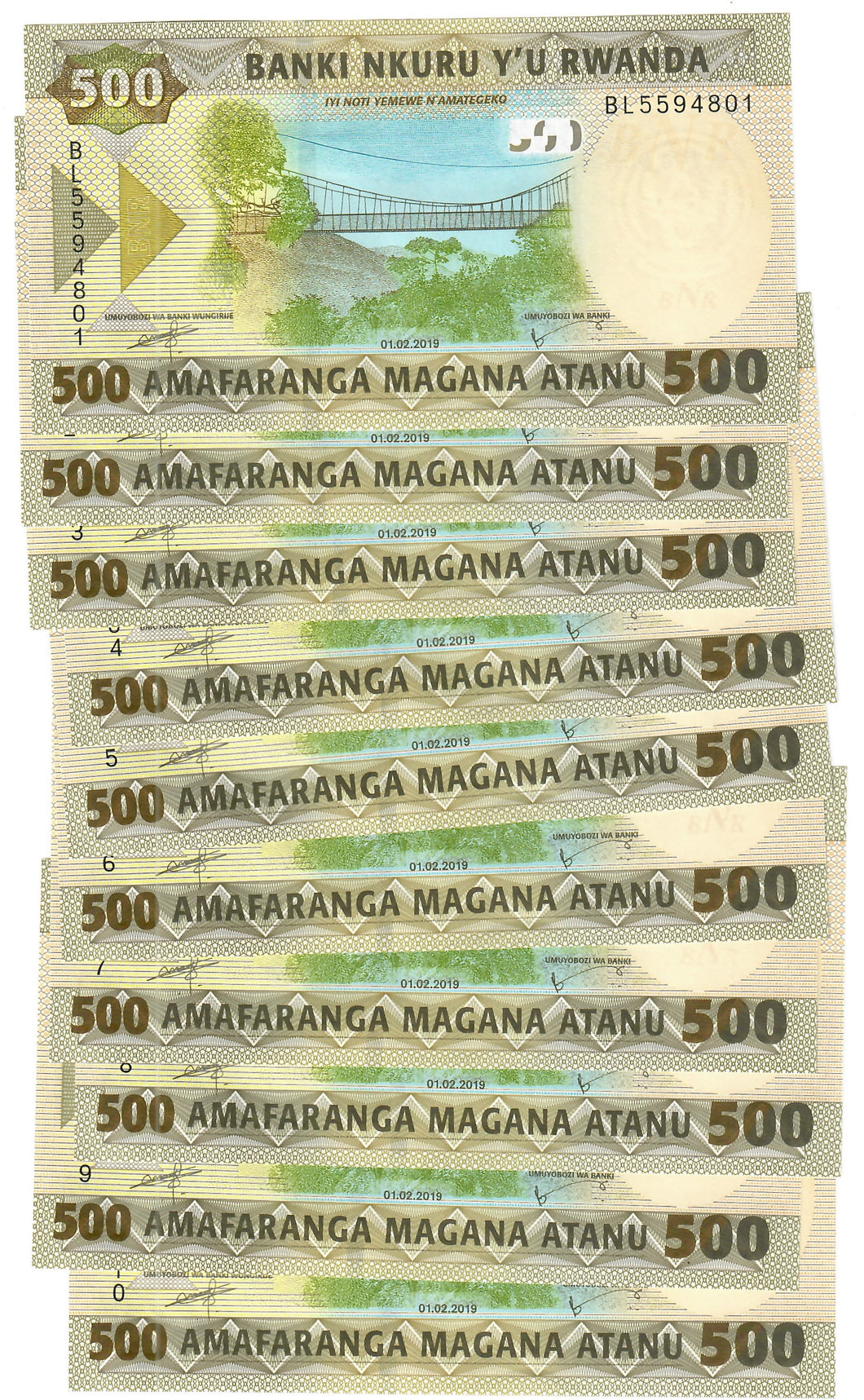 Rwanda 10x 500 Francs 2019 UNC
