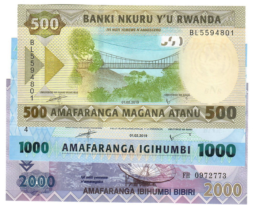 SET Rwanda 500, 1000 & 2000 Francs 2014-2019 UNC