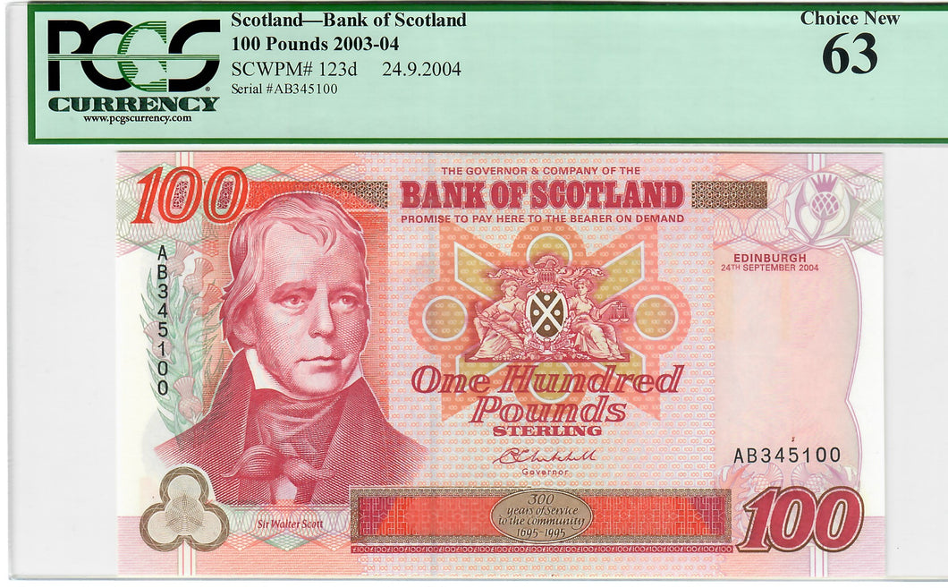 Scotland 100 Pounds 2004 Choice UNC (Graded 63) Bank of Scotland