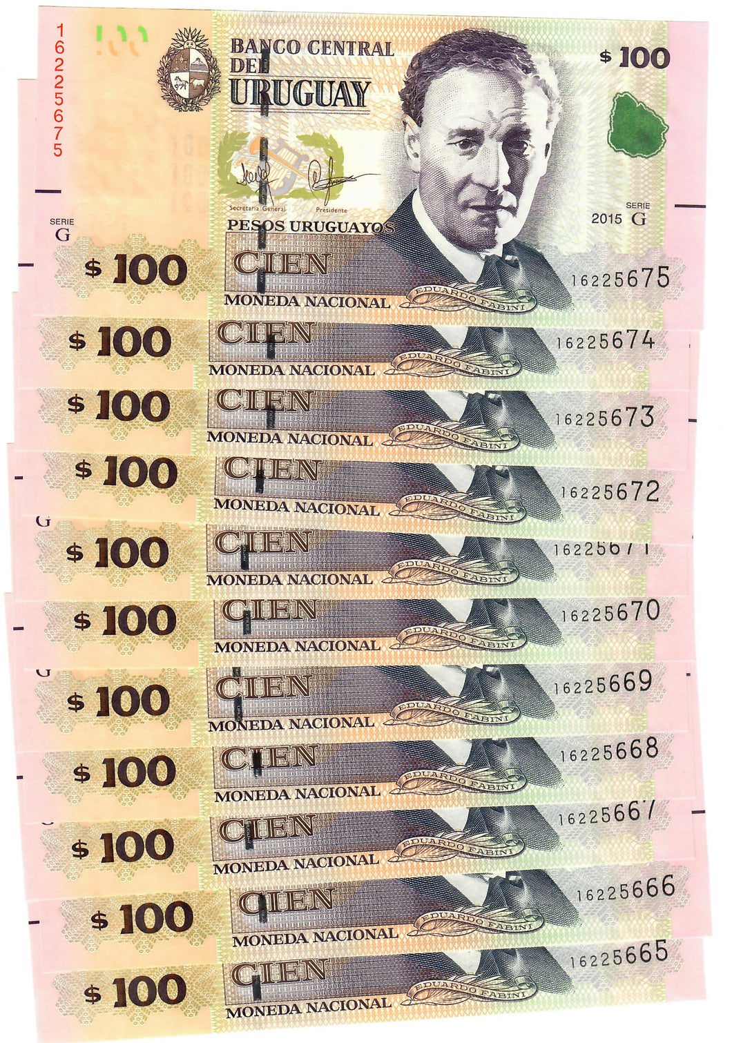 Uruguay 10x 100 Pesos 2015 UNC